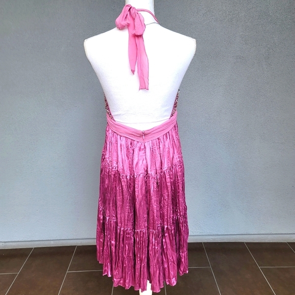 BCBGMaxAzria ✦ Silk Halter Dress ✦ Pink Tiered Pleats Beaded Detail Size 6 - Picture 6 of 15